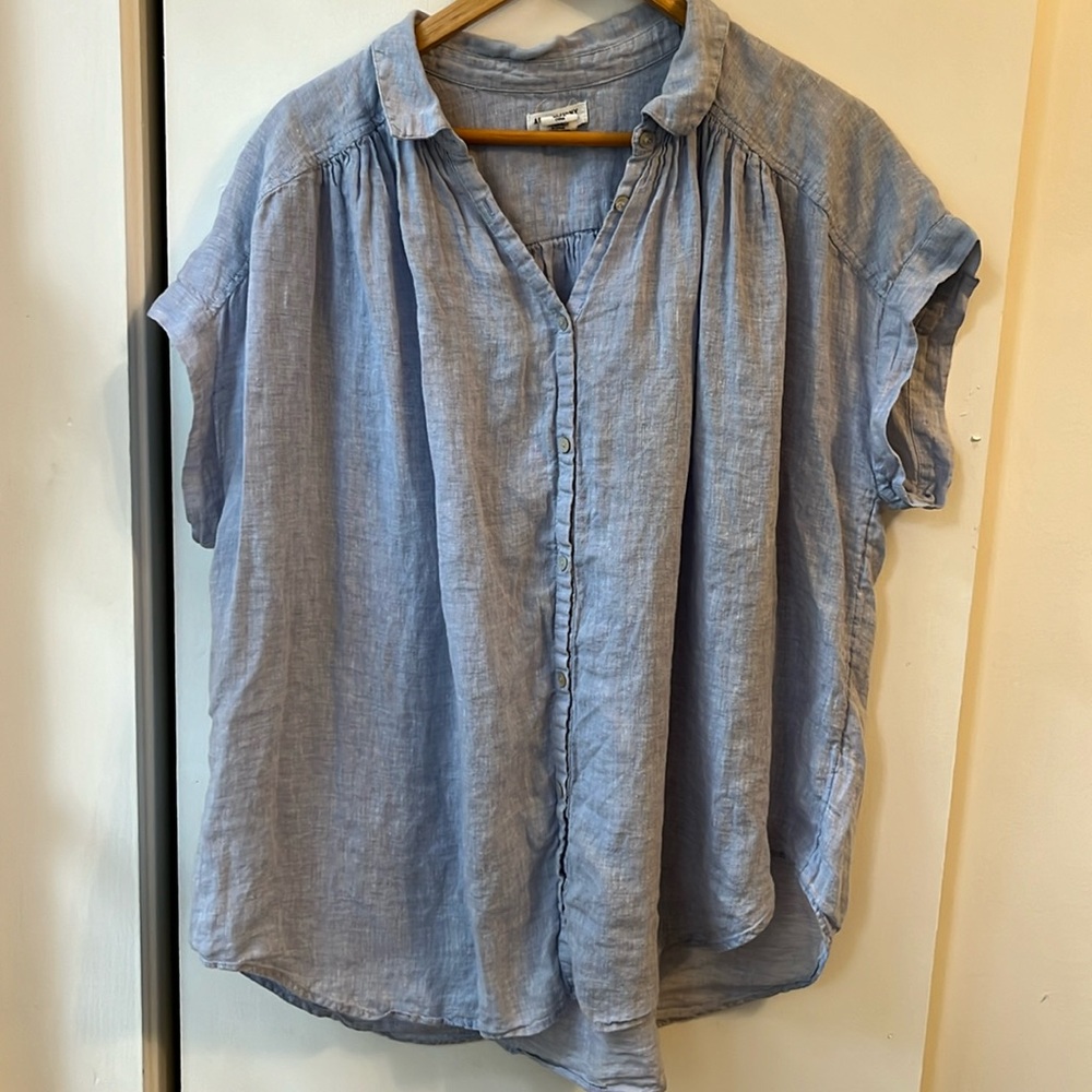 Artisan NY 100% Linen Blue Oversized Short Sleeve Blouse Size XLarge